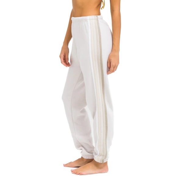 Aviator Nation Pants - Aviator Nation White Track Joggers with Tan Side Stripes